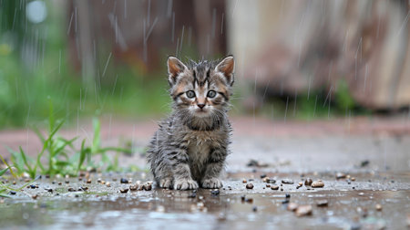Lonely stray kitten seeking shelter  abandoned, hungry, and lost in the rainy streetの素材