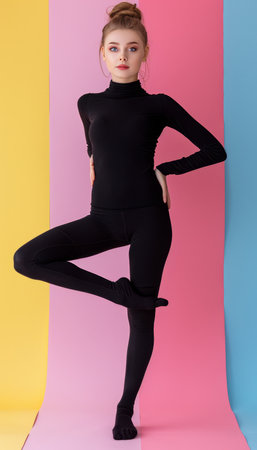 Agile gymnast balancing on one leg in workout pose on pastel background with copy spaceの素材