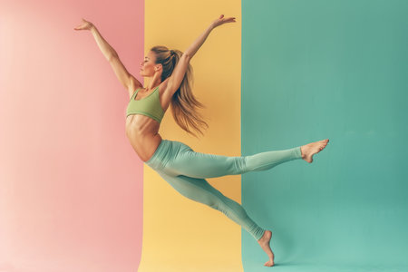 Agile gymnast balancing on one leg in workout on pastel background with copy spaceの素材