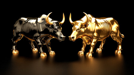 Bull and bear financial infographic  gold and black stock market chart award with text spaceの素材