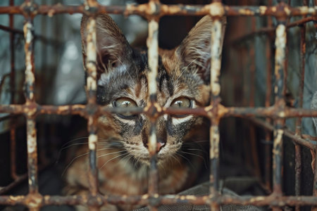 Lonely stray cat in shelter cage  abandoned feline behind rusty bars, seeking home and foodの素材