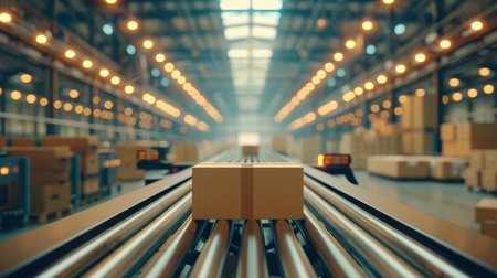 Automated warehouse conveyor belt with cardboard e commerce packages for efficient logisticsの素材