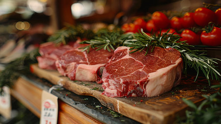 Wooden meat cuts display in butcher shop or store with empty tags, wide banner for customizationの素材