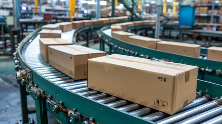 Automated conveyor system in e commerce warehouse with cardboard packages for efficient logisticsの素材