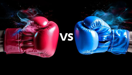 Famous boxing match poster  two gloves with  vs  symbolize an epic battle in the ringの素材