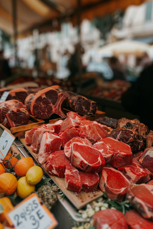 Assorted meat cuts on wooden tray in butcher shop with empty price tags for customizationの素材