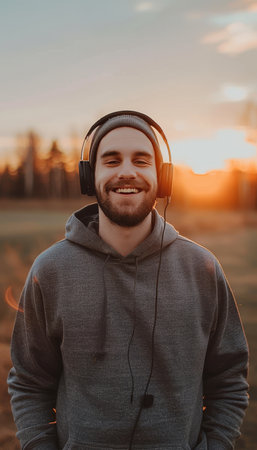 Young athletic man listening to music with headphones while outdoors in a sporty settingの素材