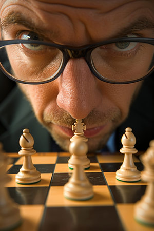 Focused executive contemplating chessboard with close up on pieces and pensive expressionの素材