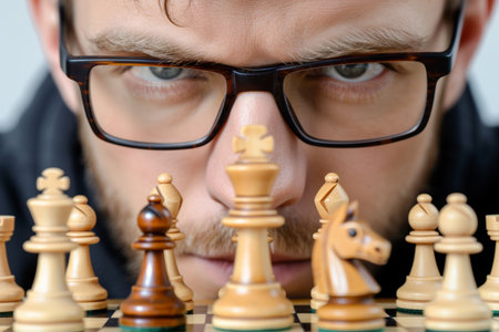 Focused business executive strategizing with chess pieces on board, contemplating strategic movesの素材