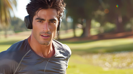 Young athlete listening to music with headphones while outdoors, enjoying sports activitiesの素材