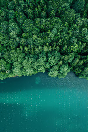 Vibrant green cultivated farmland by river  aerial digital illustration with matte paintingの素材
