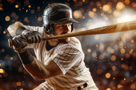 Baseball player standing ready in the stadium, poised for wide arena banner shotの素材