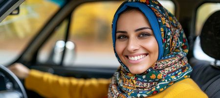 Diverse woman in turban driving car  middle eastern lifestyle and diversity conceptの素材