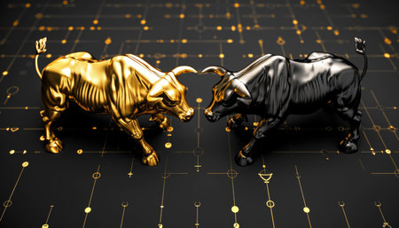 Gold and black bull vsbear financial infographic stock market chart award with text spaceの素材