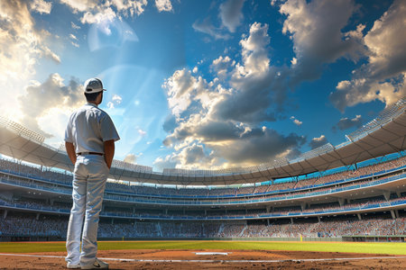 Baseball player standing ready in stadium center, wide banner view for optimal search relevanceの素材