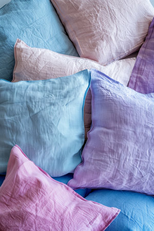 Vintage and modern bedding   cushion styles on pastel background with text spaceの素材