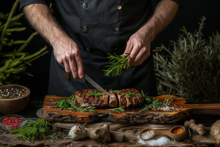 Chef preparing grilled steak with creamy butter lemon or spicy cajun sauce, herbs, and garnishの素材