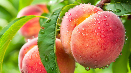 Macro close up of juicy peach on tree with dew drops, ideal wide banner with space for textの素材