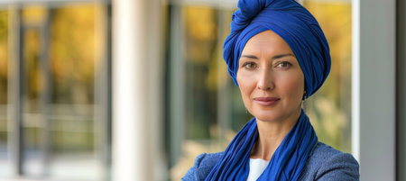 Stylish woman in turban symbolizing diversity and middle eastern wellness walking in cityの素材