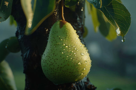 Macro close up of fresh pear with dew drops hanging on tree as wide banner with copy spaceの素材