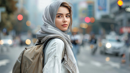 Stylish woman in turban promoting diversity and middle eastern healthy lifestyle in urban settingの素材