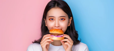 Girl savoring delicious burger on soft pastel backdrop with room for text placementの素材