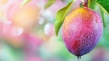 Macro close up of fresh mango with dew drops hanging on tree as wide banner with space for textの素材