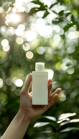 Woman s hand with sunblock cream bottle, uv protection concept on blurred background, copy spaceの素材