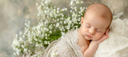 Serene image of a beautiful caucasian newborn baby peacefully sleeping in a pristine white cribの素材
