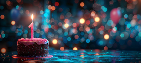 Celebratory cake with number one candle, balloons, and party decorations on blurred backgroundの素材