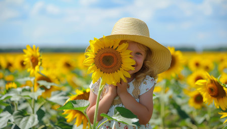 Girl peeking behind sunflower in vibrant field, blurred background, and space for textの素材