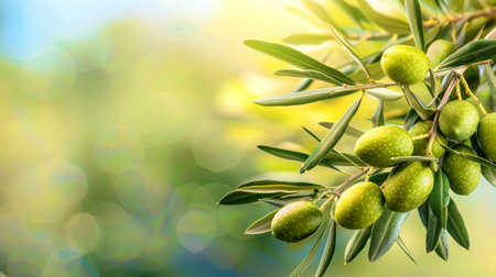 Spanish olive tree  close up of green olives on a sunny day, fresh olive fruits on branchの素材