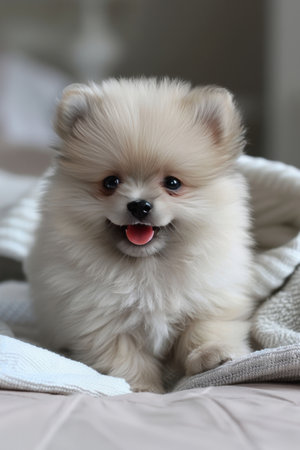 Fluffy pomeranian puppy poses cutely for the camera, showcasing its adorable and fluffy charmの素材