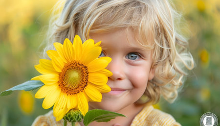 Child peeking behind sunflower in field with space for text, ideal for summer themed designsの素材