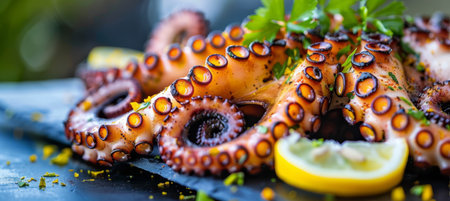 Savor succulent grilled octopus  a taste of authentic mediterranean cuisine on a traditional platterの素材