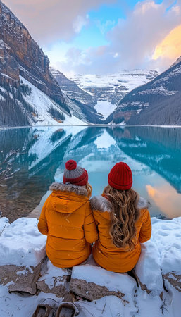Tranquil scene  friends enjoying peaceful moment by alpine lake, gazing at majestic mountainsの素材