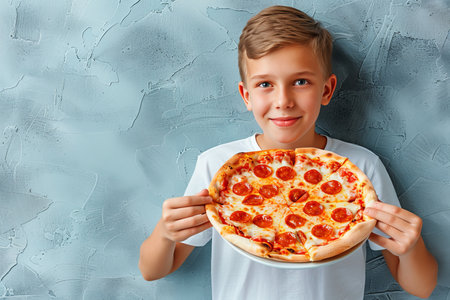 Adorable child enjoying tasty pizza on soft colored background with room for textの素材