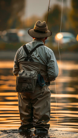 Fly fisherman standing in river, casting line to catch fish in serene nature settingの素材