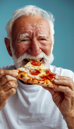 Senior man enjoying pizza, colorful portrait with ample copy space for text placementの素材