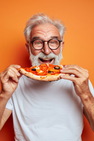 Elderly man enjoying a delicious pizza on a soft pastel background with space for text placementの素材