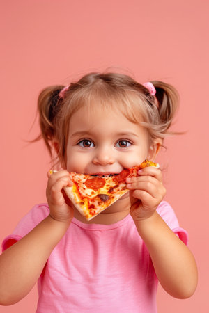 Charming girl savoring pizza on pastel background with ample space for text placementの素材