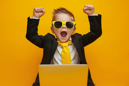 Cheerful young business kid celebrating success with arms up in front of laptop, joyful entrepreneurの素材
