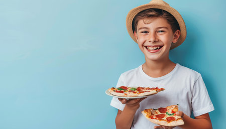 Adorable child enjoying tasty pizza on soft colored background with room for textの素材