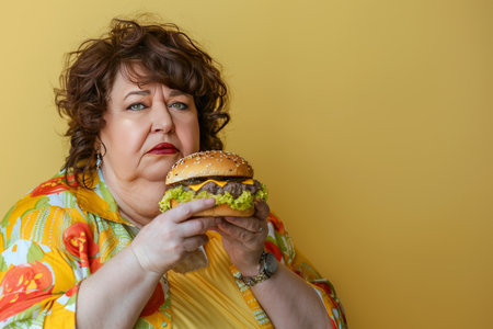 Elderly woman enjoying tasty burger on soft toned background with space for textの素材