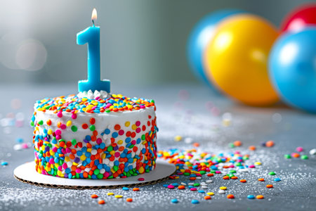 Number one candle on festive cake with balloons and decorations on blurred backgroundの素材