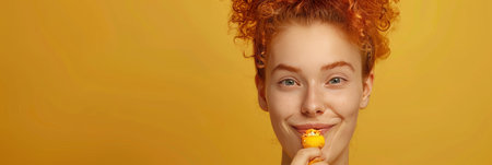 Charming girl savoring pizza on gentle backdrop, space for text, ideal for creative designsの素材