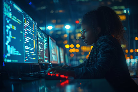 Young woman in thirties creating captivating social media content on office desktopの素材