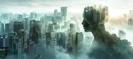 Futuristic eco cityscape with green tech and nature inspired human sculpture on mountainの素材