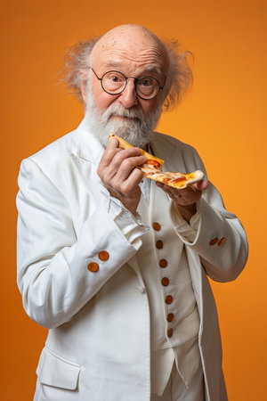 Elderly man enjoying tasty pizza against soft colored backdrop with room for textの素材