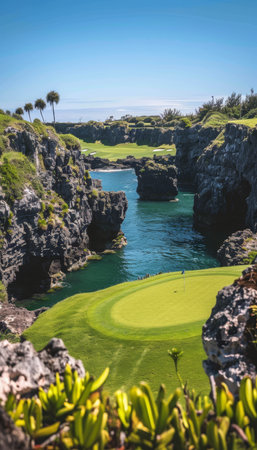 Picturesque golf course on cliff edge with iconic rock arches and stunning ocean vistaの素材